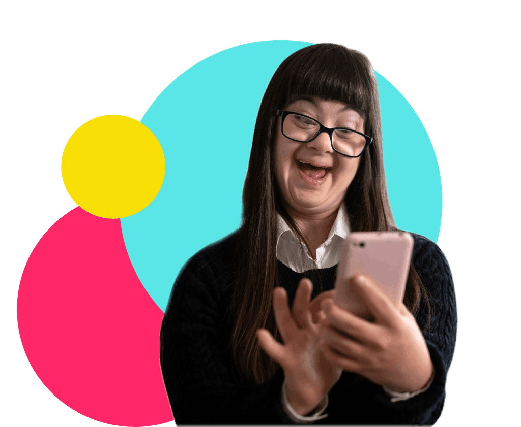 A young woman taking a selfie on her phone against a colourful abstract background