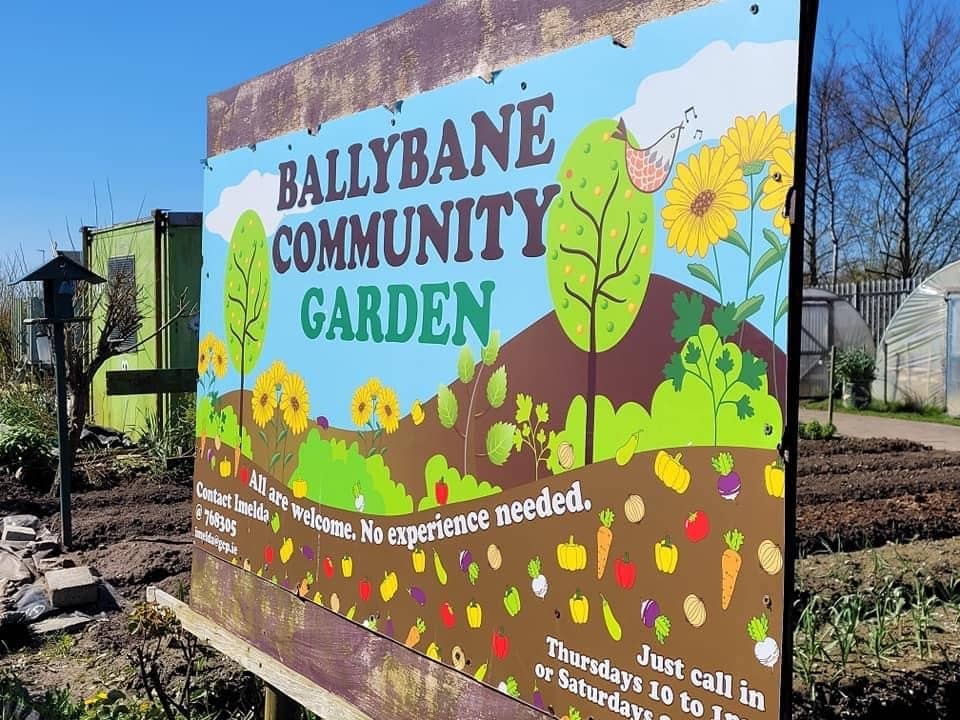 Colourful sign for Ballybane Community Garden. There are rows of garden beds and poly tunnels in the background.